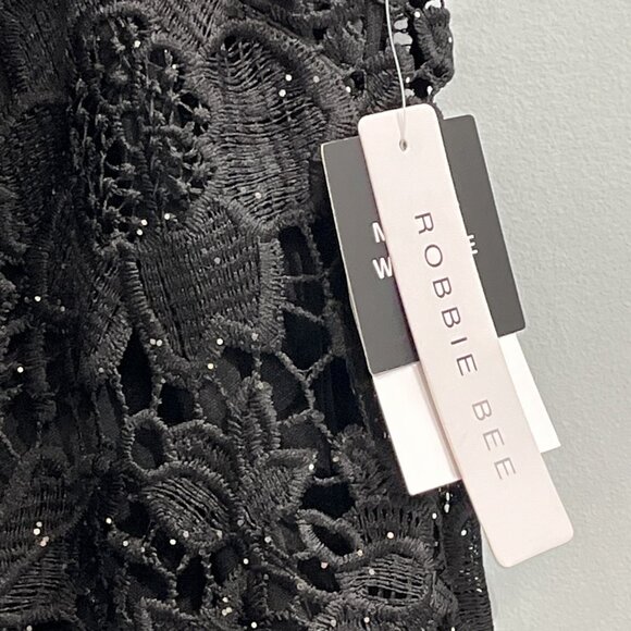 Robbie Bee Dress Womens M Black Lace Overlay Lined Midi Metallic Event Cocktail - Picture 3 of 13